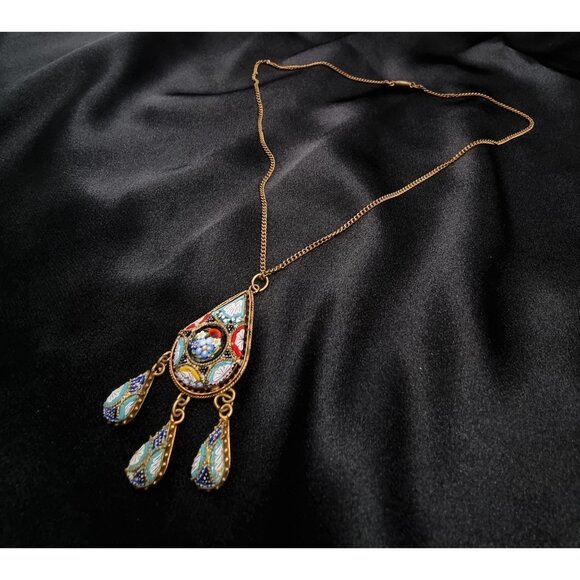 Vintage 1920s-1940s Gold-Tone Millefiori Mosaic Pendant Necklace With Teardrop C - Picture 5 of 7